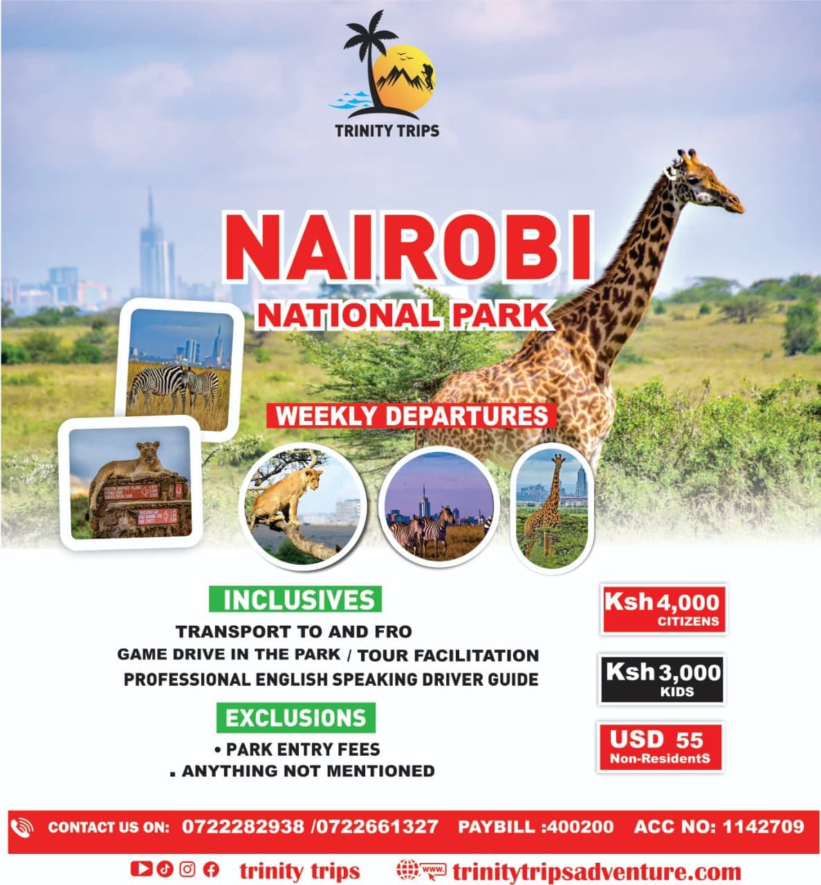 Trinity Trips brochure: Nairobi National Park game drive, weekly departures.
