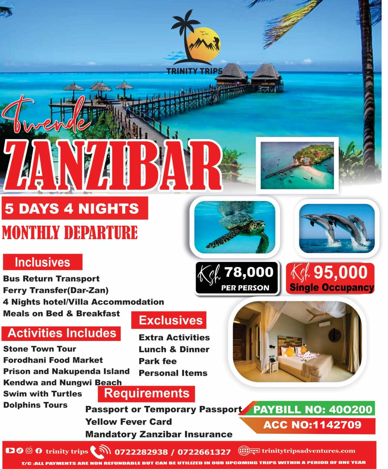 Trinity Trips brochure: Twende Zanzibar 5-day island getaway, monthly departures.